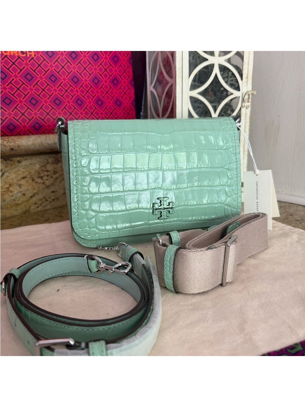 Tory Burch THEA EMBOSSED FLAP CROSSBODY / shoulder in NORTHERN LIGHTS color - Picture 10 of 11